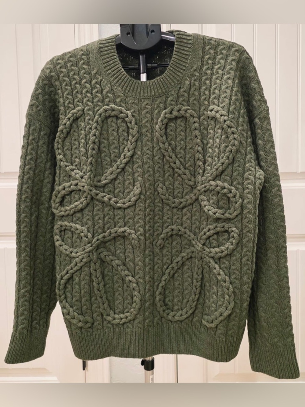 Loewe Olive Green Braided Cable Crewneck Sweater